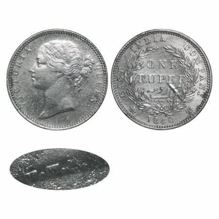 Victoria Queen, Silver, Rupee, 1840, DL, Madras Mint, W.W. B. raised, Dot after 'B', Wreat