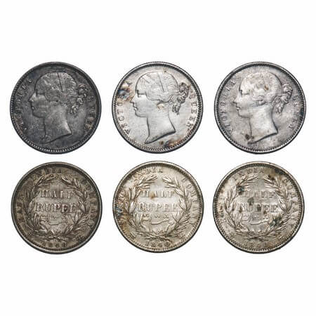Victoria Queen, Silver, Half Rupee, (3 coins), 1840, DL, 1) Calcutta Mint, .W.W incused, W