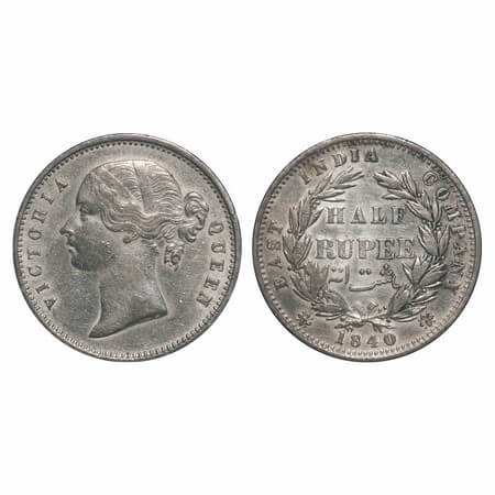 Victoria Queen, Silver, Half Rupee, 1840, DL, Calcutta Mint, .W.W incused, Wreath with 24 