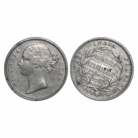 Victoria Queen, Silver, Half Rupee, 1840, DL, Calcutta Mint, .W.W incused, Wreath with 24 