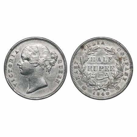 Victoria Queen, Silver, Half Rupee, 1840, DL, Calcutta Mint, .W.W incused, Wreath with 24 
