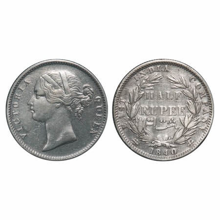 Victoria Queen, Silver, Half Rupee, 1840, DL, Calcutta Mint, .W.W incused, Wreath with 24 