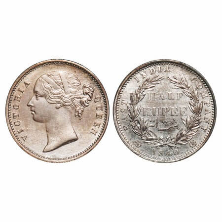 Victoria Queen, Silver, Half Rupee, 1840, DL, Calcutta Mint, .W.W incused, Wreath with 24 