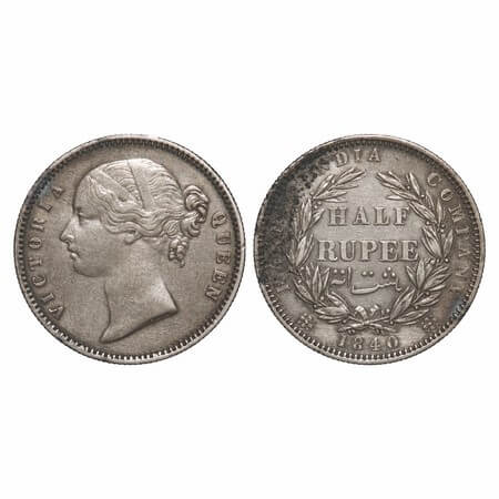 Victoria Queen, Silver, Half Rupee, 1840, DL, Madras Mint, 'B' raised, W.W. incused, Wreat