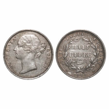 Victoria Queen, Silver, Half Rupee, 1840, DL, Madras Mint, 'B' raised, W.W incused, Wreath