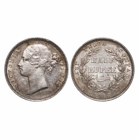 Victoria Queen, Silver, Half Rupee, 1840, DL, Madras Mint, 'B' raised, W.W. incused, Wreat