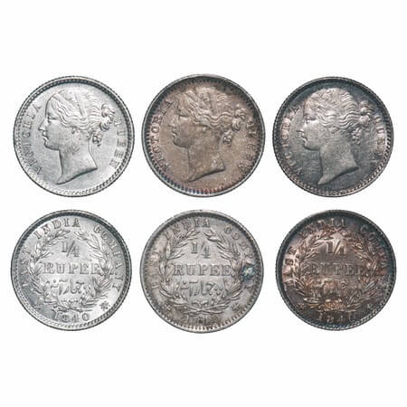 Victoria Queen, Silver, 1/4 Rupee, (3 coins), 1840, DL, 1) Calcutta Mint, W.W. raised, Num