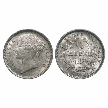 Victoria Queen, Silver, 1/4 Rupee, 1840, DL, Calcutta Mint, W.W. raised, Wreath with 10 Be