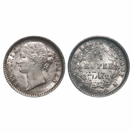 Victoria Queen, Silver, 1/4 Rupee, 1840, DL, Calcutta Mint, W.W. raised, Wreath with 10 Be