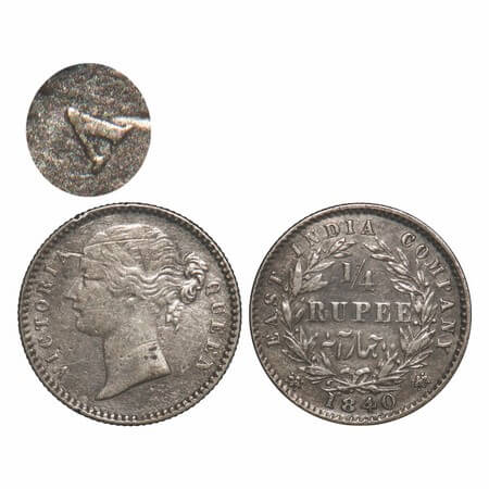Victoria Queen, Silver, 1/4 Rupee, 1840, DL, Calcutta Mint, W.W. raised, With cross bar of