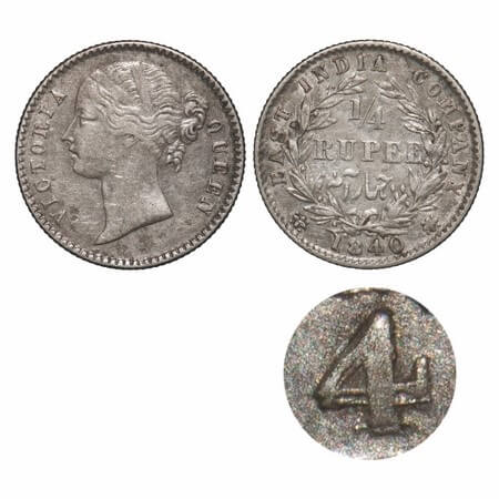Victoria Queen, Silver, 1/4 Rupee, 1840, DL, Calcutta Mint, W.W. raised, With cross bar of
