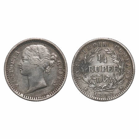 Victoria Queen, Silver, 1/4 Rupee, 1840, DL, Bombay Mint, W.W. raised, Wreath with 10 Berr