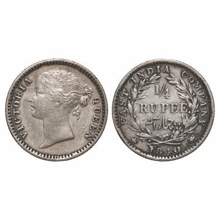 Victoria Queen, Silver, 1/4 Rupee, 1840, DL, Madras Mint, W.W.S raised, Wreath with 10 Ber