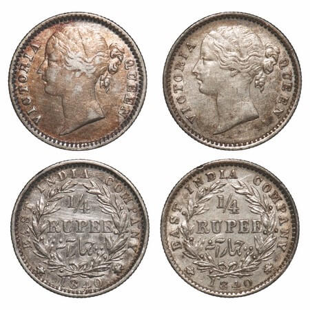 Victoria Queen, Silver, 1/4 Rupee, (2 coins), 1840, DL, Madras Mint, 1) W.W. 'S' raised, C