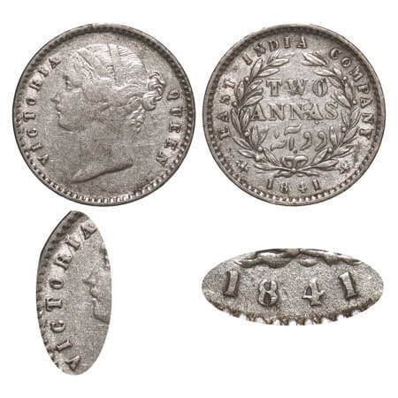 Victoria Queen, Silver, 2 Annas, 1841, DL, Calcutta Mint, W.W. raised, Wreath with 9 Berri