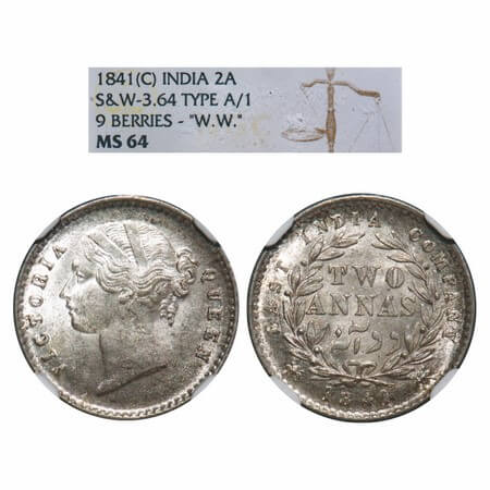 Victoria Queen, Silver, 2 Annas, 1841, DL, Calcutta Mint, W.W. raised, Year numerals 1841 