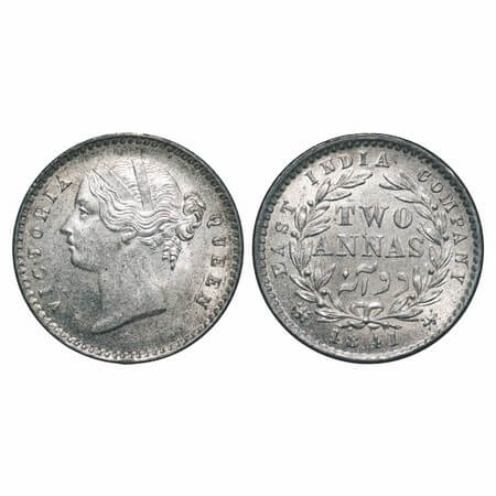 Victoria Queen, Silver, 2 Annas, 1841, DL, Calcutta Mint, W.W. raised, Year numerals 1841 