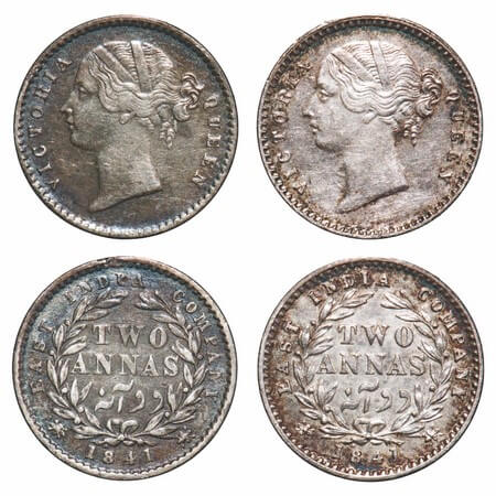 Victoria Queen, Silver, 2 Annas, (2 coins), 1841, DL, Calcutta Mint, W.W. raised, Year num