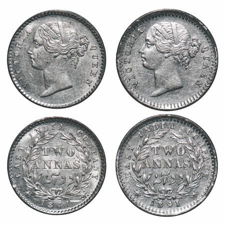 Victoria Queen, Silver, 2 Annas, (2 coins), 1841, DL, 1) Calcutta Mint, W.W. raised, Year 