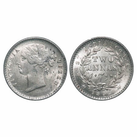 Victoria Queen, Silver, 2 Annas, 1841, DL, Calcutta Mint, W.W. raised, Wreath with 9 Berri