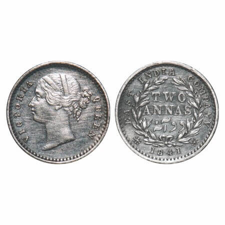 Victoria Queen, Silver, 2 Annas, 1841, DL, Madras Mint, 'S' incused, W.W. raised, Wreath w