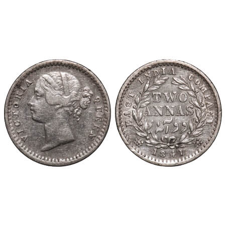 Victoria Queen, Silver, 2 Annas, 1841, DL, Madras Mint, 'S' incused, W.W. raised, Wreath w