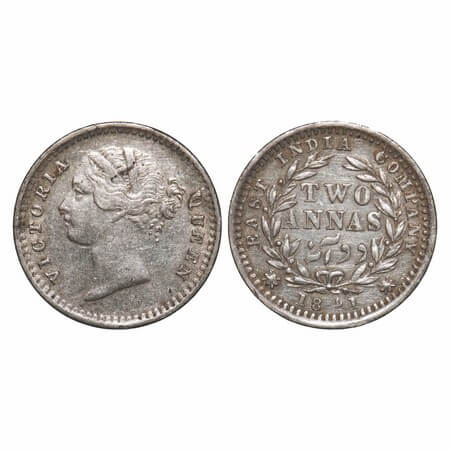 Victoria Queen, Silver, 2 Annas, 1841, DL, Bombay Mint, .W.W raised, Wreath with 9 Berries
