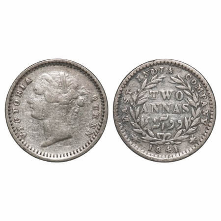 Victoria Queen, Silver, 2 Annas, 1841, DL, Bombay Mint, W.W. raised, Wreath with 9 Berries