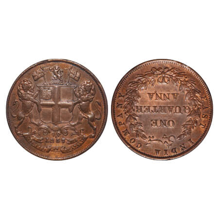 Victoria Queen, Copper, Quarter Anna, 1857, R. Heaton & Sons., Birmingham Mint, Two leaves