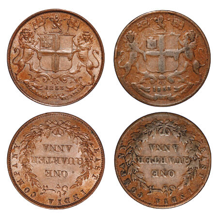 Victoria Queen, Copper, Quarter Anna, (2 coins), 1858, 1) J. Watt & Co., Birmingham Mint, 