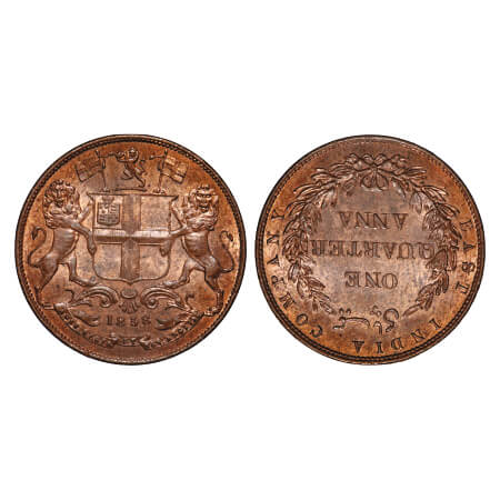 Victoria Queen, Copper, Quarter Anna, 1858, J. Watt & Co., Birmingham Mint, Single leaf, Y