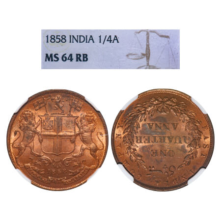 Victoria Queen, Copper, Quarter Anna, 1858, J. Watt & Co., Birmingham Mint, Two leaves, Ye