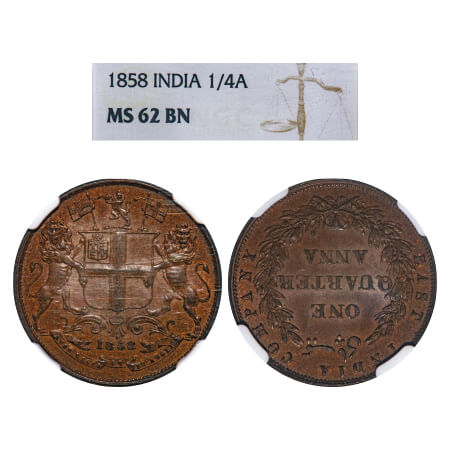 Victoria Queen, Copper, Quarter Anna, 1858, R. Heaton & Sons, Birmingham Mint, Two leaves,