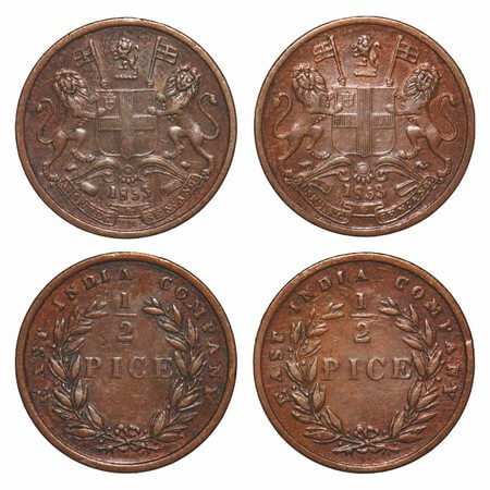 Victoria Queen, Copper, 1/2 Pice, (2 coins), 1853, Calcutta Mint, Wreath with 19 Berries (