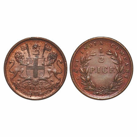 Victoria Queen, Copper, 1/2 Pice, 1853, Calcutta Mint, B/I, Elongated beads above year num