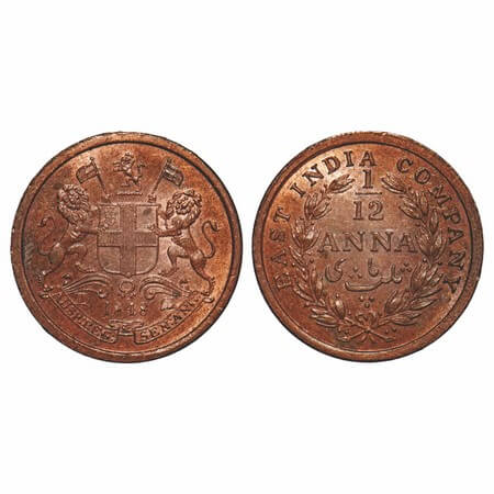 Victoria Queen, Copper, 1/12 Anna, 1848, Calcutta Mint, Rev I, Wreath with 23 Berries (13L