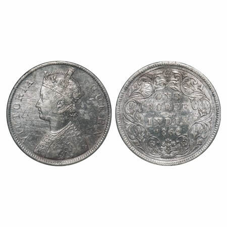 Victoria Queen, Silver, Rupee, 1862, Calcutta Mint, B/II, Embroidery in high relief. F. Pr