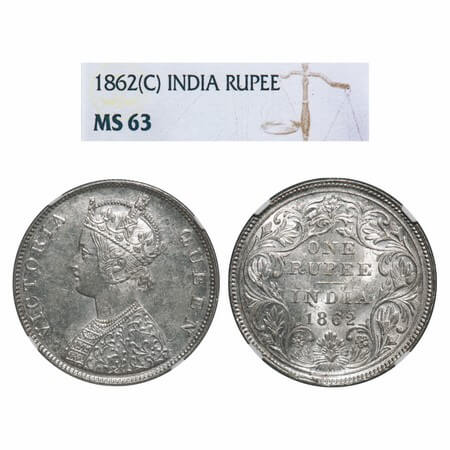 Victoria Queen, Silver, Rupee, 1862, Calcutta Mint, B/II, Embroidery in high relief. F. Pr