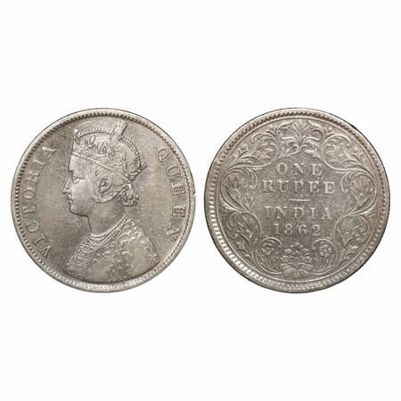 Victoria Queen, Silver, Rupee, 1862, Calcutta Mint, B/III, Embroidery in high relief. F. P