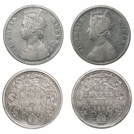 Victoria Queen, Silver, Rupee, (2 coins), 1862, Calcutta Mint, A/II(i), With Pineapple lik
