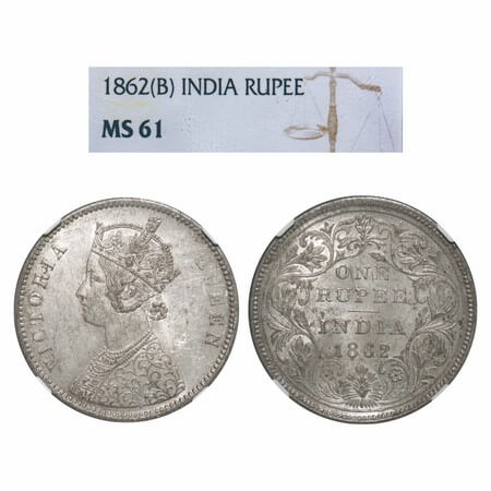 Victoria Queen, Silver, Rupee, 1862, Calcutta Mint, A/II, w/o initial 'J', The coin slab m