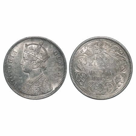 Victoria Queen, Silver, Rupee, 1862, Calcutta Mint, A/III, w/o initial 'J'. F. Prid 65. GK