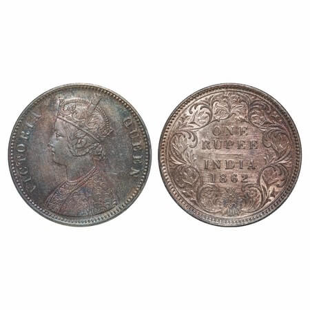 Victoria Queen, Silver, Rupee, 1862, Calcutta Mint, A/I, With initial 'J'. F. Prid 66. GK 