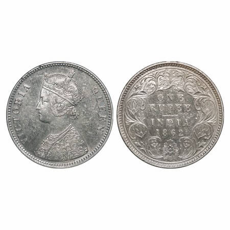 Victoria Queen, Silver, Rupee, 1862, Calcutta Mint, A/I, With initial 'J', Round Pearls on