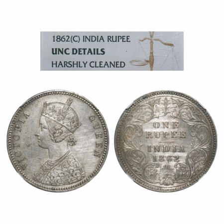 Victoria Queen, Silver, Rupee, 1862, Calcutta Mint, A/I, With initial 'J'. F. Prid 66. GK 