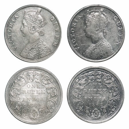 Victoria Queen, Silver, Rupee, (2 coins), 1862, 1) Madras Mint, B/II, w/o enclosed frame e