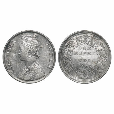 Victoria Queen, Silver, Rupee, 1862, Madras Mint, B/II, With enclosed frame effect and w/o