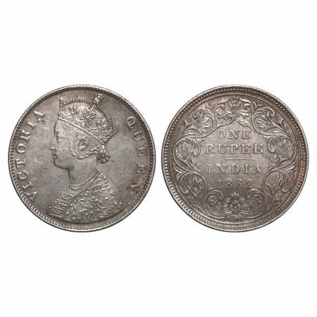 Victoria Queen, Silver, Rupee, 1862, Madras Mint, B/II, With enclosed frame effect and wit