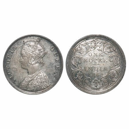 Victoria Queen, Silver, Rupee, 1862, Madras Mint, B1/II, w/o enclosed frame effect. F. Pri
