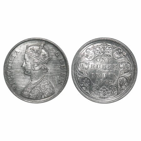 Victoria Queen, Silver, Rupee, 1862, Bombay Mint, B/II, With initial 'J', Elongated Pearls